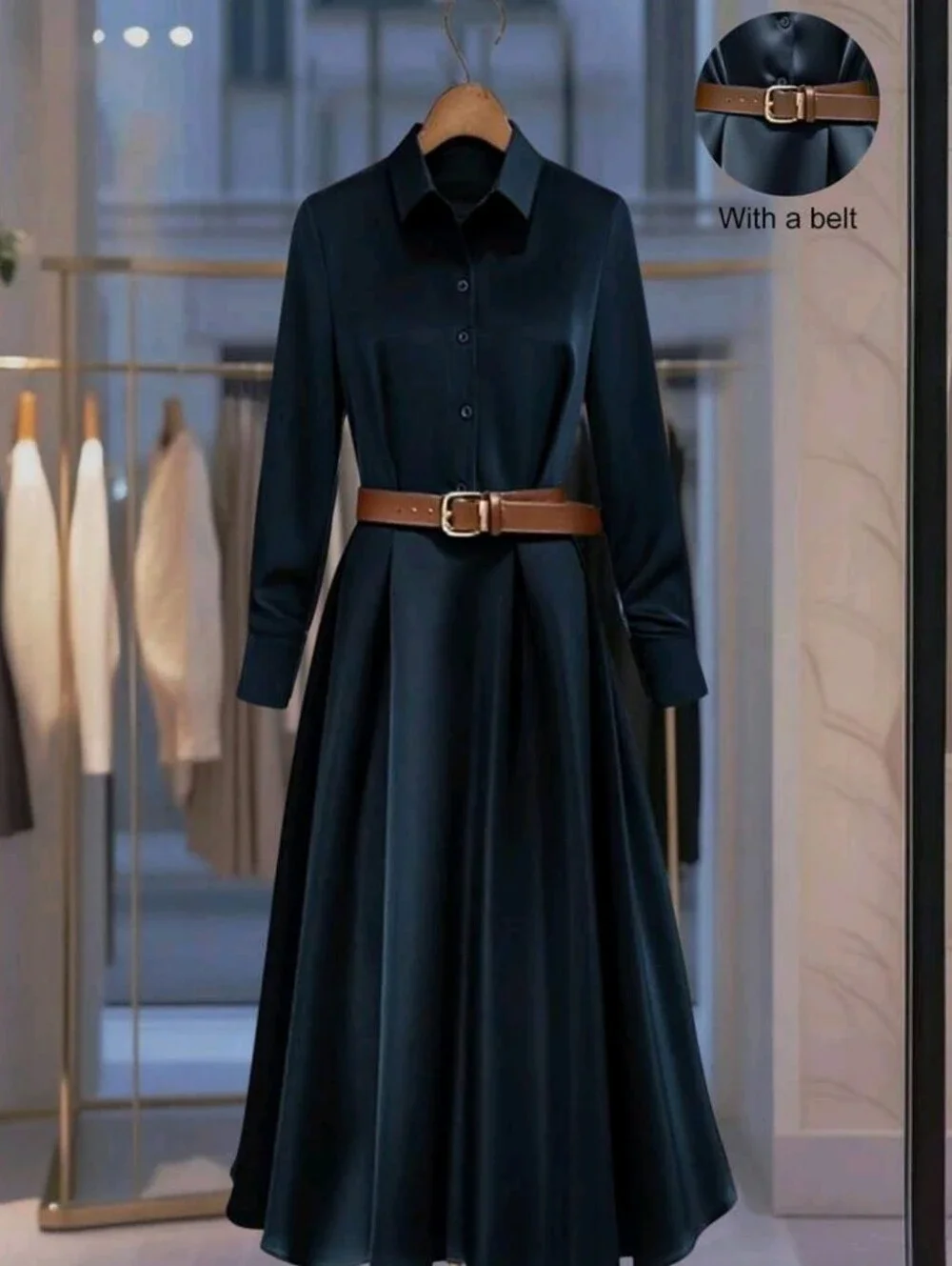 Elegant Mature Navy Blue Satin Maxi Dress For Women, Autumn Office Tea